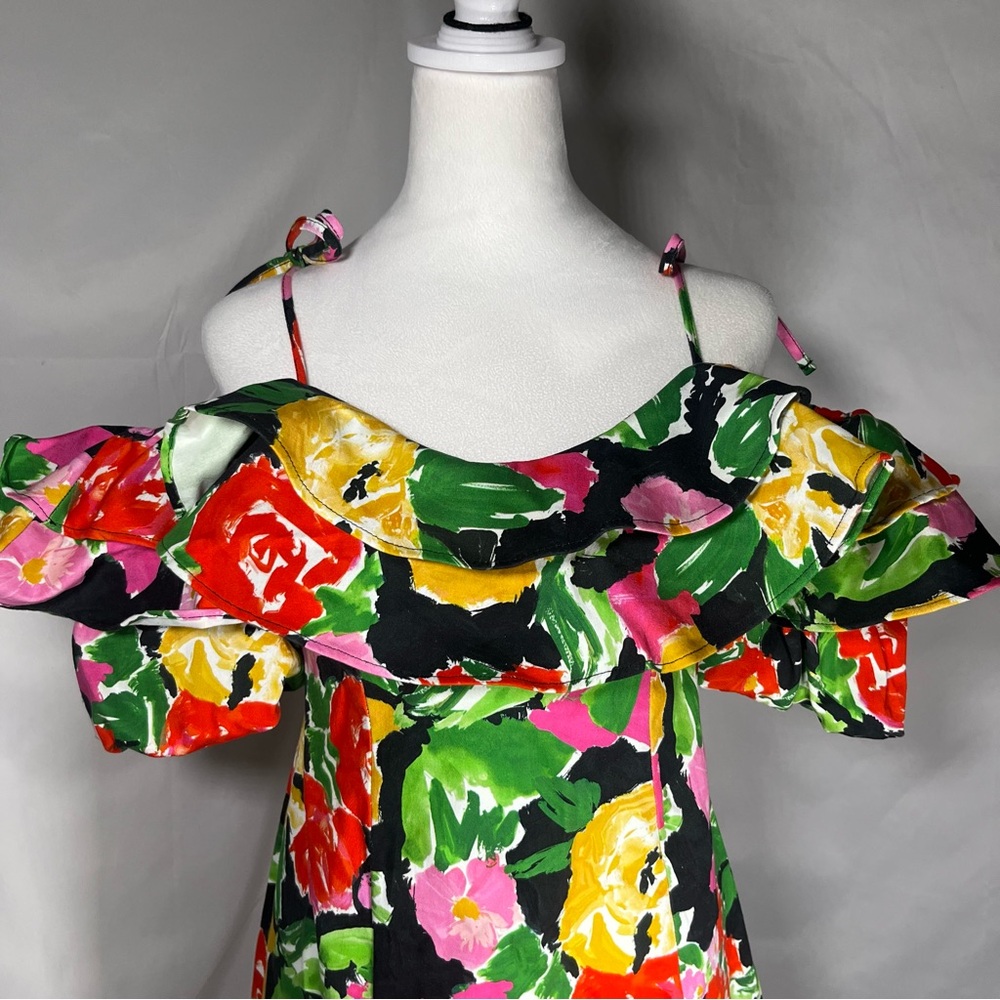 Top Shop Off The Shoulder Bold Floral Ruffle Bardot Mini Dress 4 Feminine Fairy - Picture 3 of 9